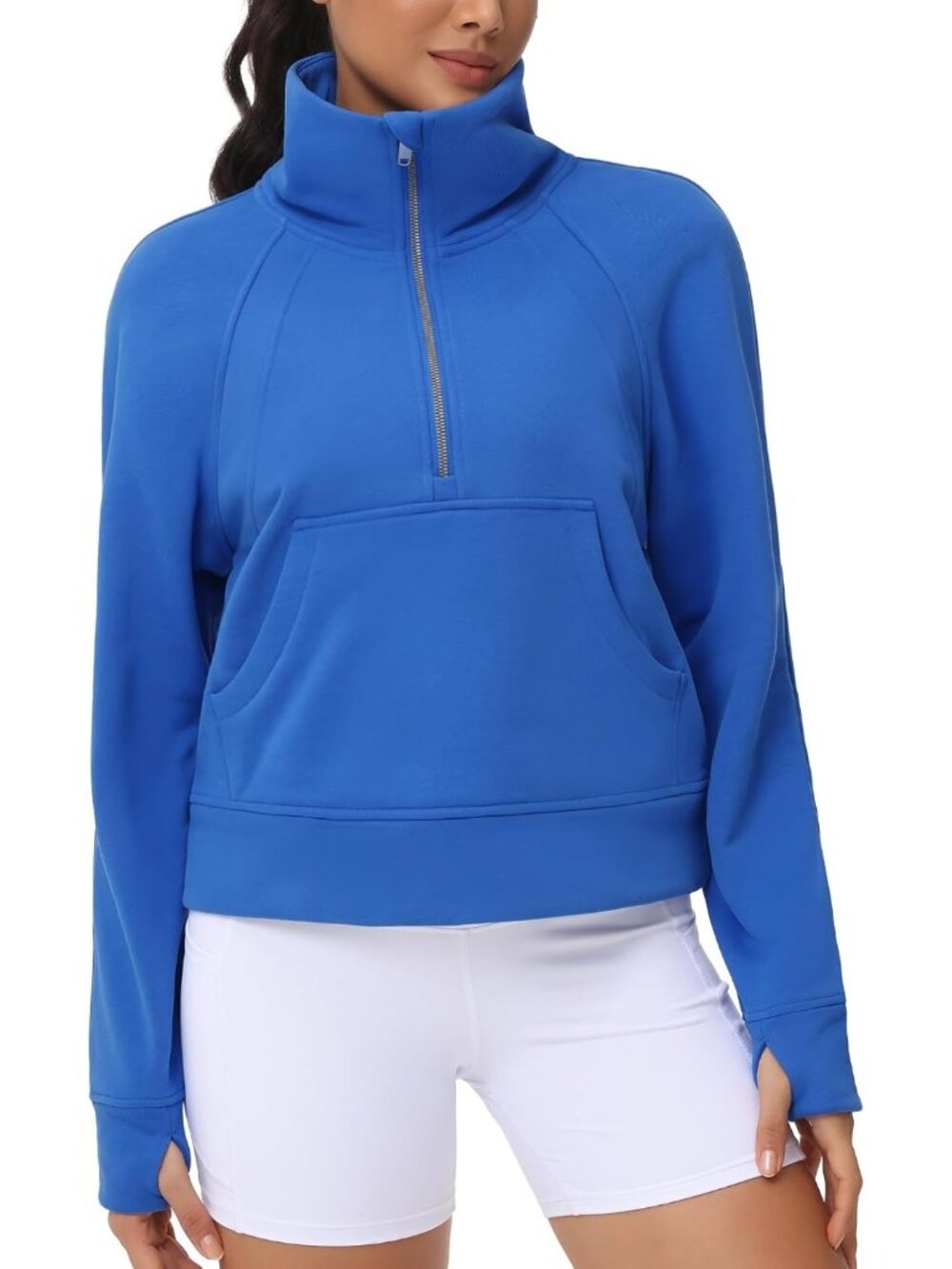 Womens Royal Blue Fleece Lined Stand Collar Half Zip Thumb Holes Crop Sweatshirt